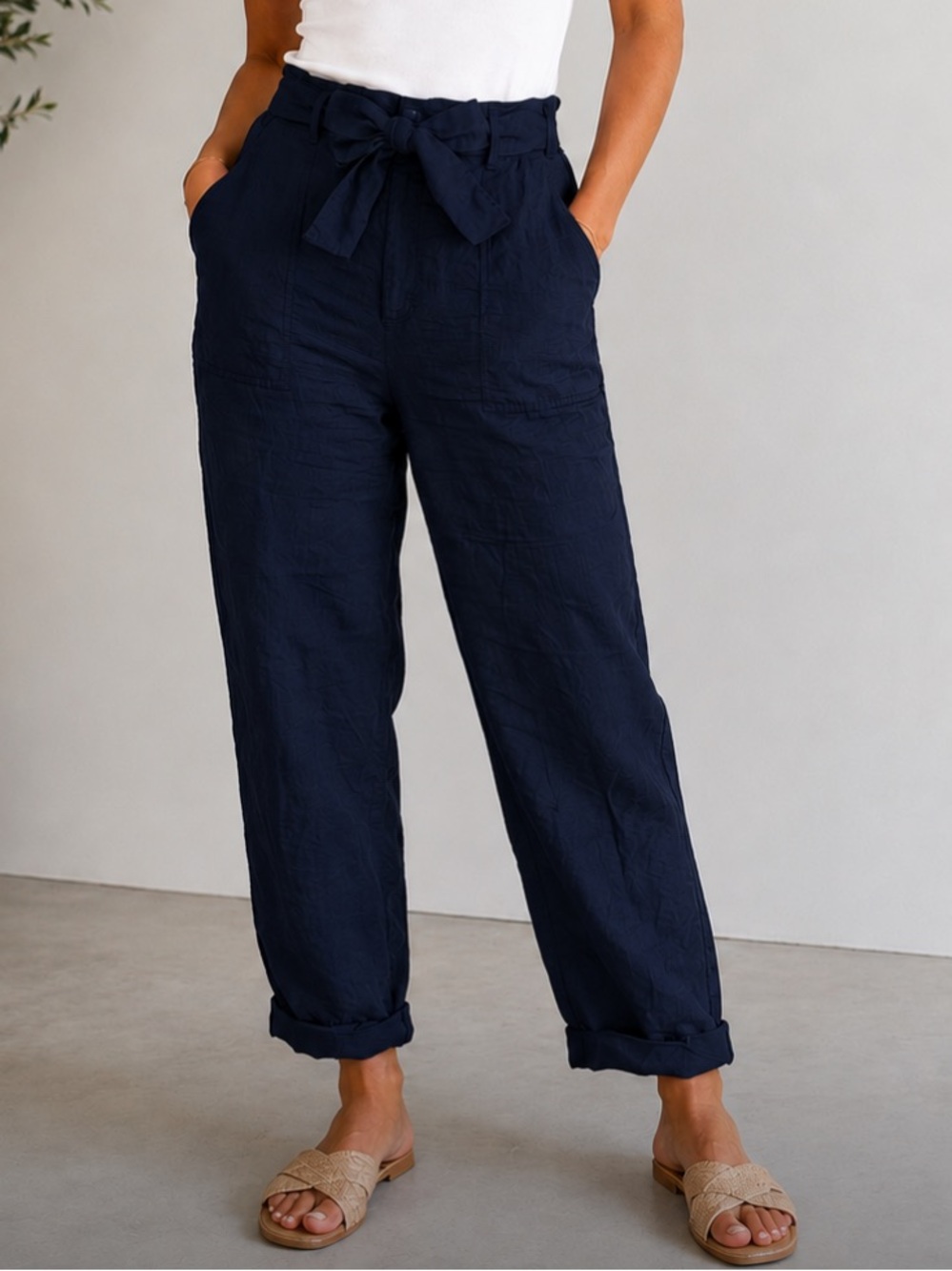 Lauren Ralph Lauren 100% Linen Paperbag Tie Waist Pants Dark Blue Size 12 Cuffed
